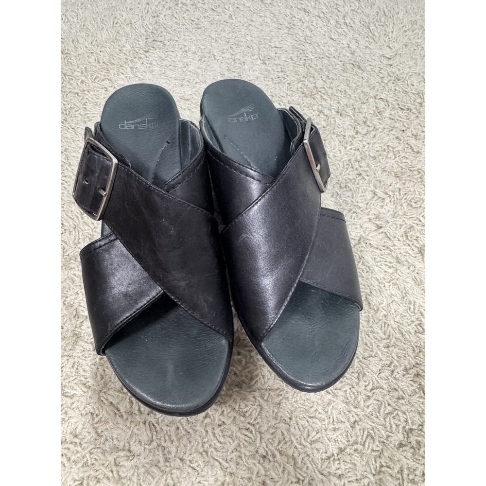 Dansko Black Leather Crossover Buckle Platform Wedge Sandals Women's 8 EU 39